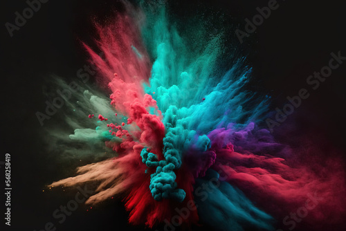hazy red, green, and blue powder explosion on a black backdrop. Exploding color powder in slow motion. Generative AI