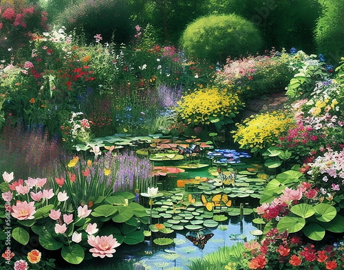 pond with flowers and butterflies