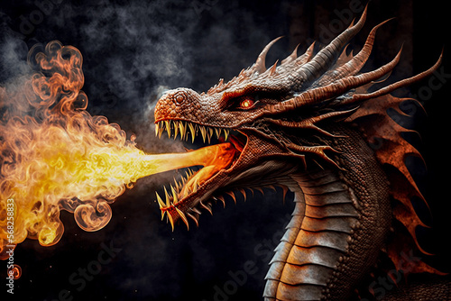 Fire spitting dragon. AI generated illustration. photo