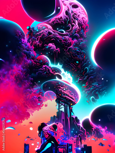 Space Observation Tower - Neon Ink Illustration, cloudy smoke alien planet, Generative AI
