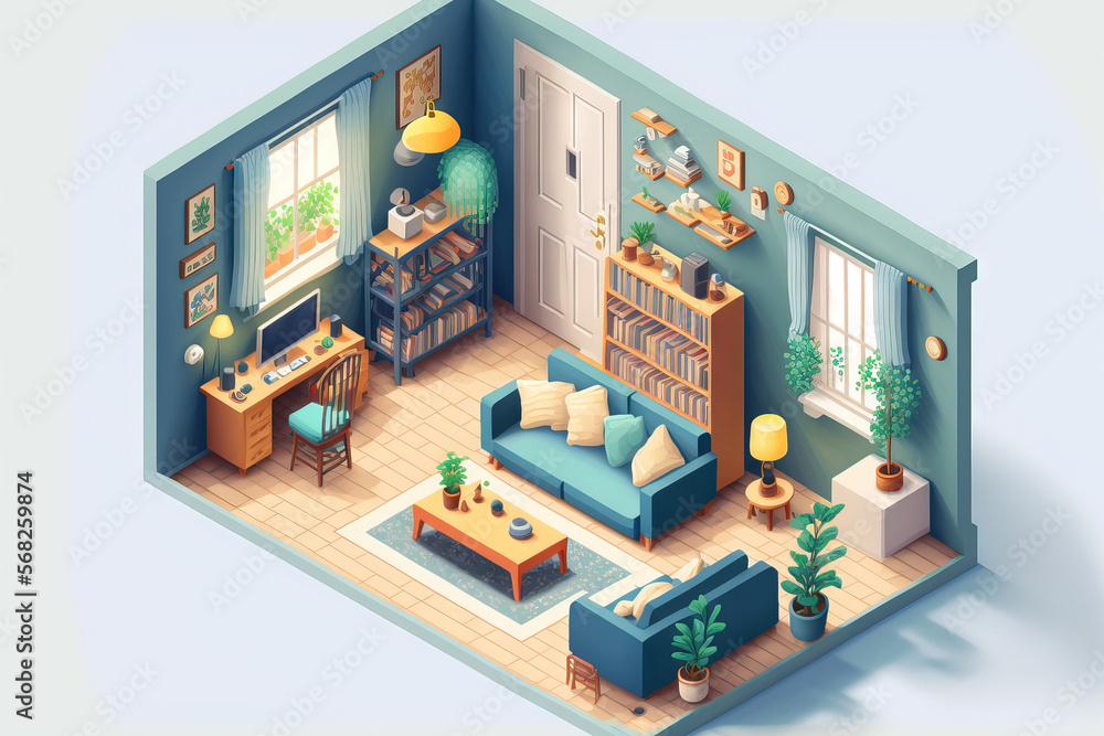 Illustration of a cute blue house in isometry. Generative AI Illustration of a cute blue house in isometry. Generative AI
