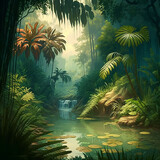 Beautiful Jungle background, illustration, painting. Generative AI