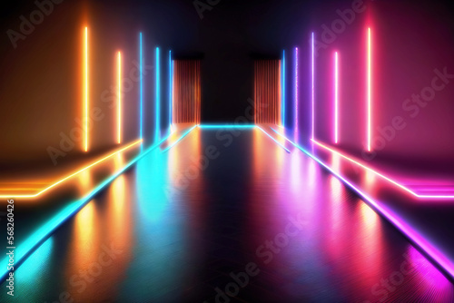 Futuristic neon lights hallway tunnel abstract background. vibrant colors. technology concept. 3d rendering