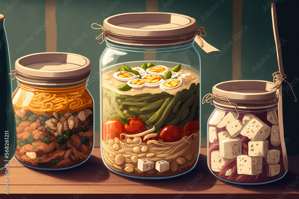 Soba noodles, vegetable soup, tofu, and chicken in jars. a drab background looking up. Copy space. Generative AI Soba noodles, vegetable soup, tofu, and chicken in jars. a drab background looking up. Copy space. Generative AI