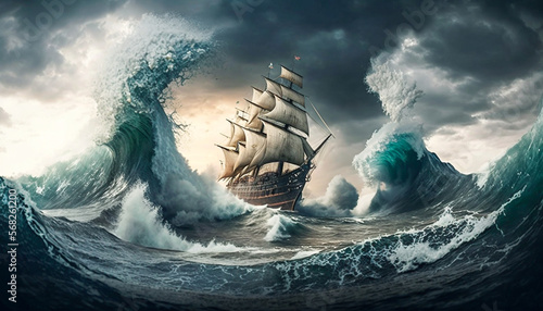 Tall Ship in Rough Sea with Ominous Sky ~ Created using Generative AI