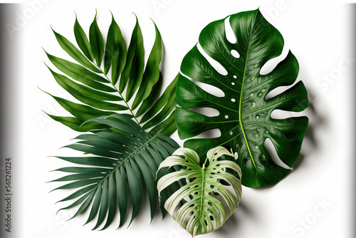 Monstera and tropical plants palm leaves isolated on white background with clipping path. Tropical leaves foliage plant jungle bush floral arrangement nature backdrop. Generative AI