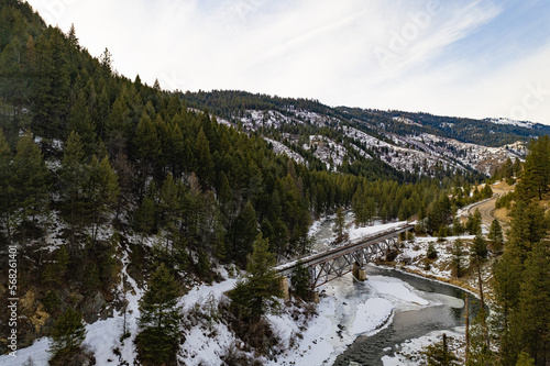 Old railroad crossing of North fork of the Payette river in Idaho.  Taken with a drone. 