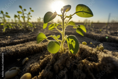 In the field, a thin, vulnerable soybean sprout reaches for the sun. Crops for agriculture in a wide open field. selective attention. Generative AI photo