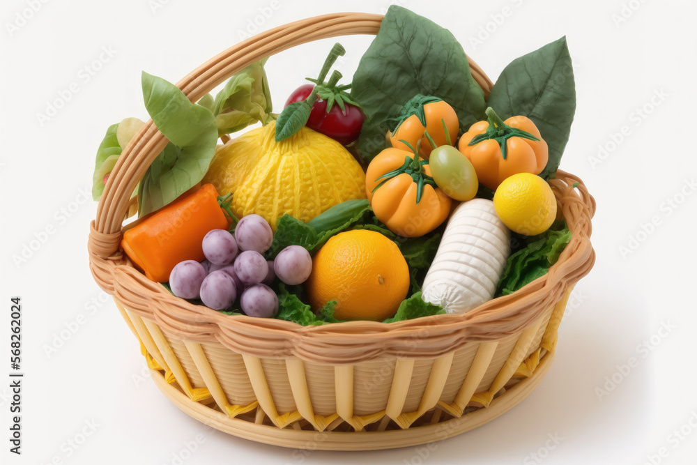 In the basket, healthy food. Photographed in a studio, top perspective, are various fruits and vegetables on a white background. high quality output. Generative AI In the basket, healthy food. Photographed in a studio, top perspective, are various fruits and vegetables on a white background. high quality output. Generative AI