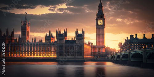 Big Ben in Westminster Palace on River Thames at sunset, banner, panorama - illustration - Generative AI