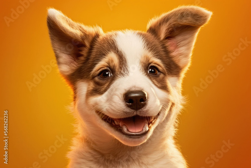 An adorable puppy dog is grinning on a yellow background. Generative AI