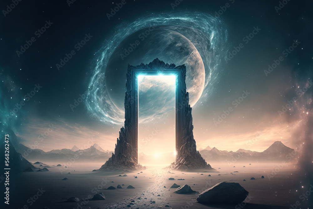 Fantastic crystal doorway on an extraterrestrial world under a sky filled with stars. Galaxy gate in a barren landscape. Inspiration for space exploration. Generative AI Fantastic crystal doorway on an extraterrestrial world under a sky filled with stars. Galaxy gate in a barren landscape. Inspiration for space exploration. Generative AI