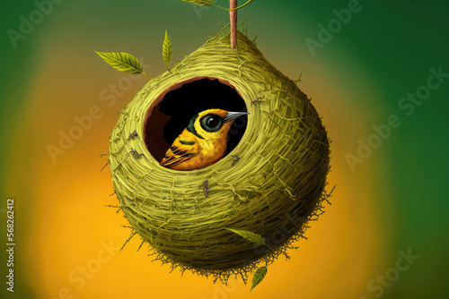 Baya Weaver (Ploceus philippinus) nest.A widespread weaver known for its nest a long hanging nest with a bulbous chamber and and a narrow tubular entry. Generative AI photo