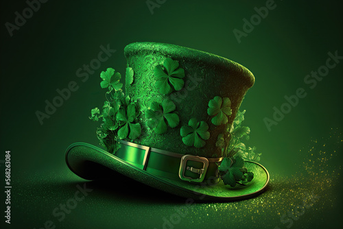 green leprechaun hat with a trefoil. Symbol of the celebration of St. Patrick's Day. Generative AI photo