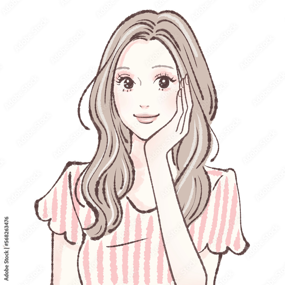 頬に手を添える/美容液/美肌/頬杖/考える/女性のイラスト素材 頬に手を添える/美容液/美肌/頬杖/考える/女性のイラスト素材