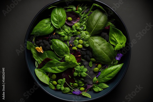 Veggies and a mixture of green leaves make up this salad. black with a top view. Generative AI