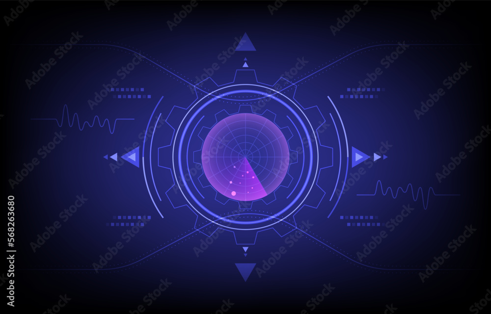Abstract radar with targets on monitor in searching. Digital realistic vector. Navigation interface sonar wallpaper. Technology background