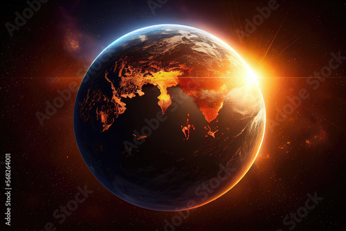 globe in space  sun in background  sunrise