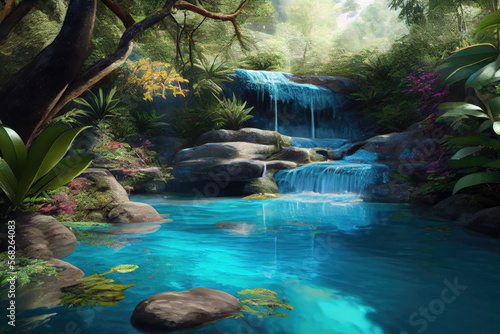 rainforest idyllic environment with many plants, blue river and small waterfall