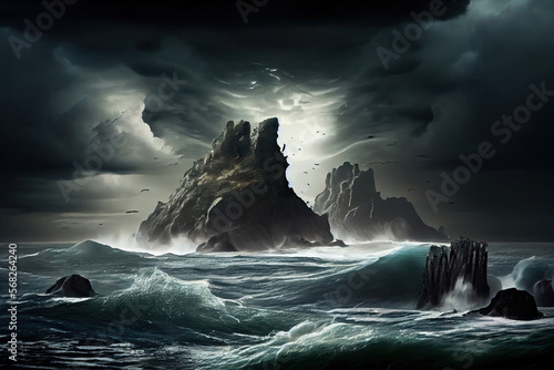 cliffs in the sea, there is a storm