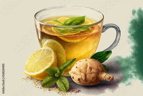 mint and lemon in a cup of ginger tea. Generative AI