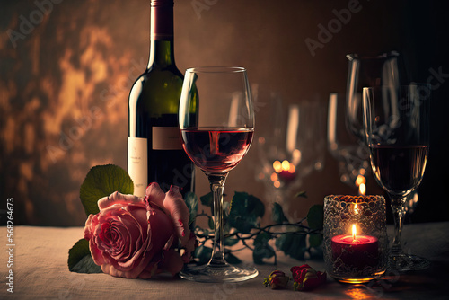 Beautiful roses and wine on a romantic table with a blurry background. Generative AI