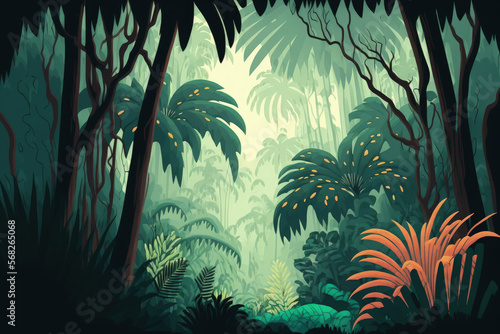 Illustration of tropical trees and leaves in a misty forest. Generative AI