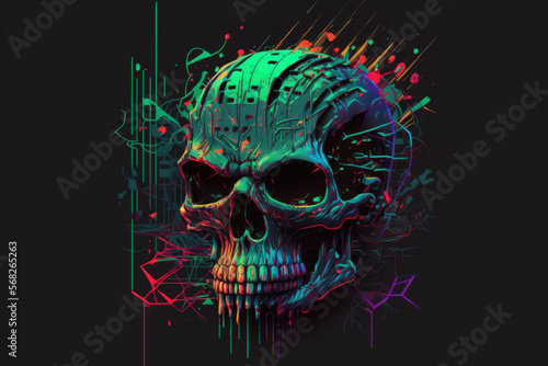 Cyberpunk T shirt Design Illustration of a Colored Glitch Skull. Generative AI