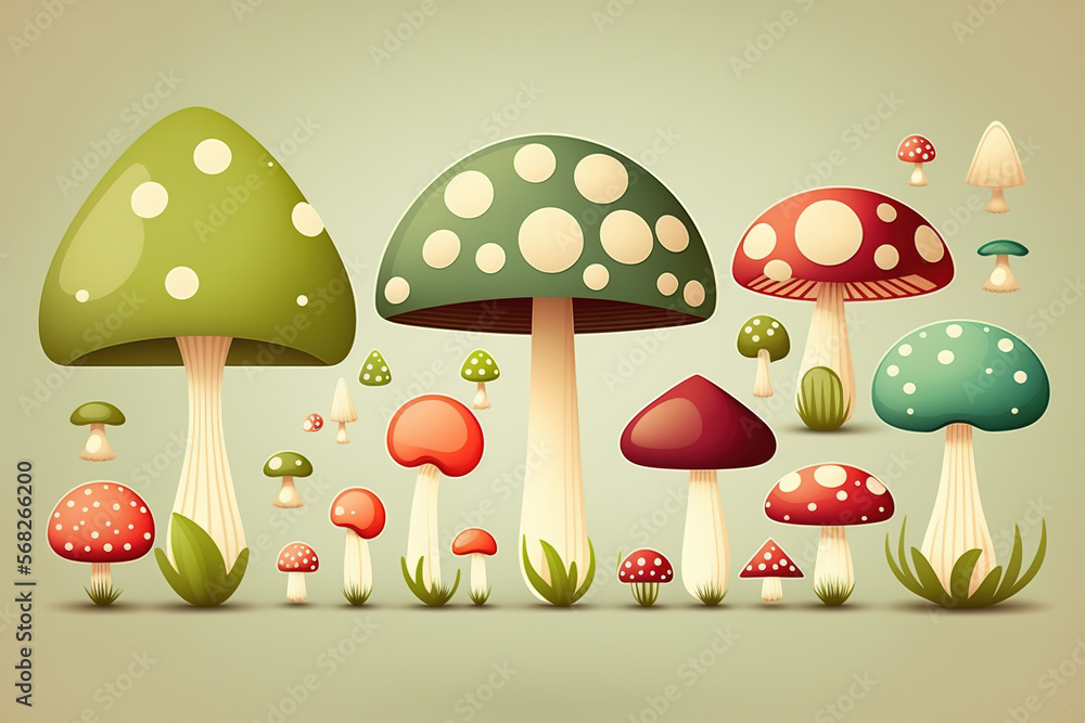 Mushrooms Cartoon Vector, Colorful Mushroom Family Illustration