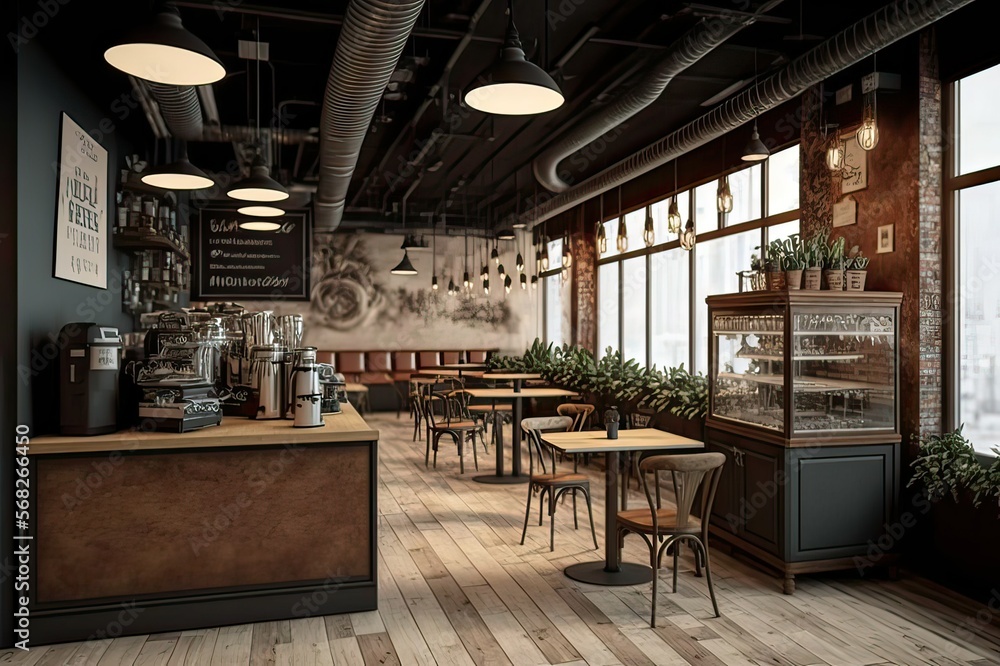 A Cozy Coffee Shop: Wooden Tables, Coffee Maker, Pastries, and Pendant Lights. Photo AI - obrazy, fototapety, plakaty 