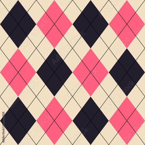 Vintage Argyle pattern seamless. Fabric texture background. Classic argile black and pink , beige ornament 