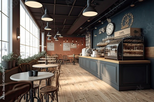 Foto A Cozy Coffee Shop: Wooden Tables, Coffee Maker, Pastries, and Pendant Lights
