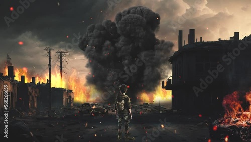 Back view of young boy in the ruined city and explosion on the background.
