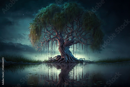 Irish landscape, weeping willow tree, night, water. Generative AI © Sunshower Shots