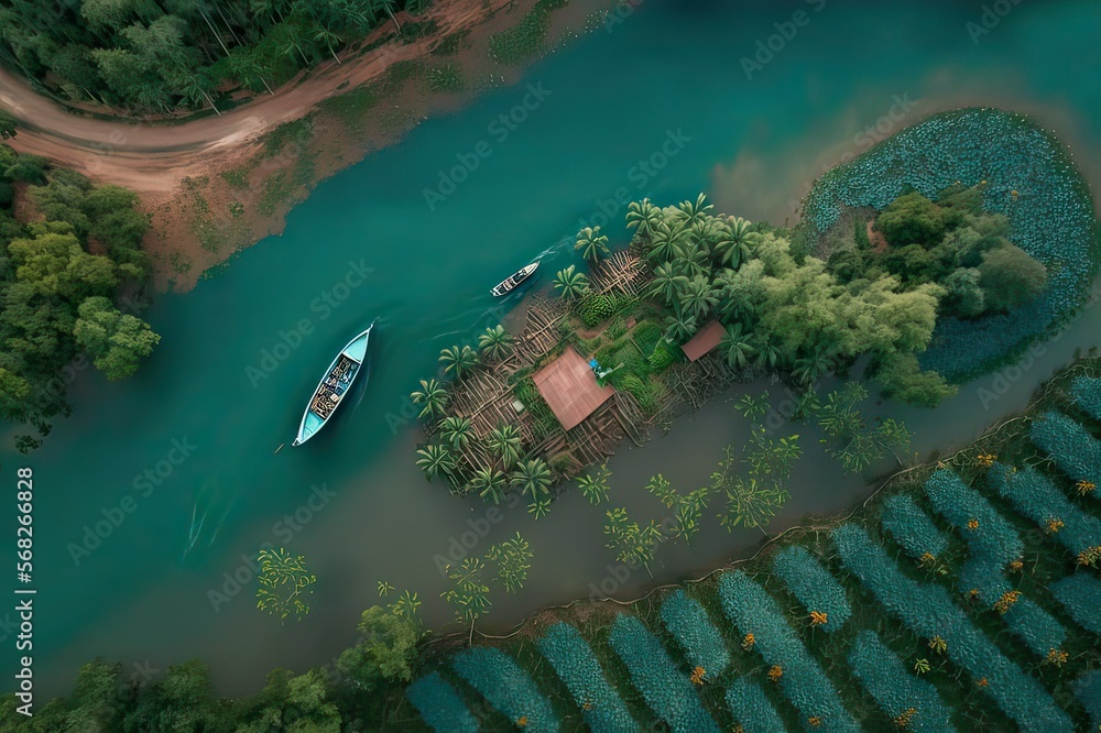 Drone View of Coffee Farm Blossoms, Fishing Boat Netting on Poki River in Dak Ha, Vietnam. Photo AI