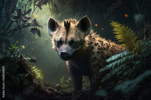 Obraz na plátne A hyena is lurking behind the leaves