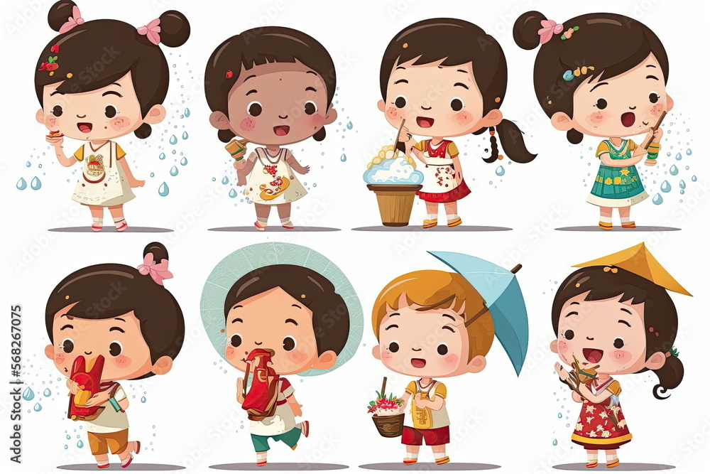 Set of thai children's, traditional dress on songkran festival with element for graphic designer, cute cartoon characters, vector illustration, Made by AI,Artificial intelligence Set of thai children's, traditional dress on songkran festival with element for graphic designer, cute cartoon characters, vector illustration, Made by AI,Artificial intelligence