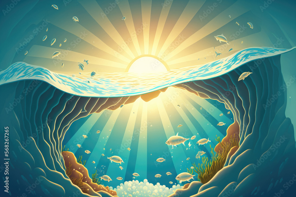 Naklejka premium sunlight through the water and an underwater perspective. Generative AI