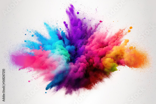 background with abstract powder splatters eruption of colored powder against a white background. cloud with color. Bright dust explodes. Color Holi. Generative AI