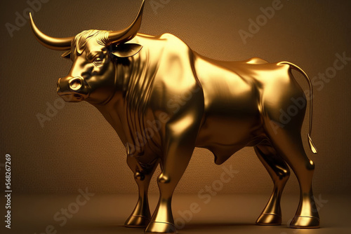 Business market illustration of a golden bull on a golden background. Generative AI