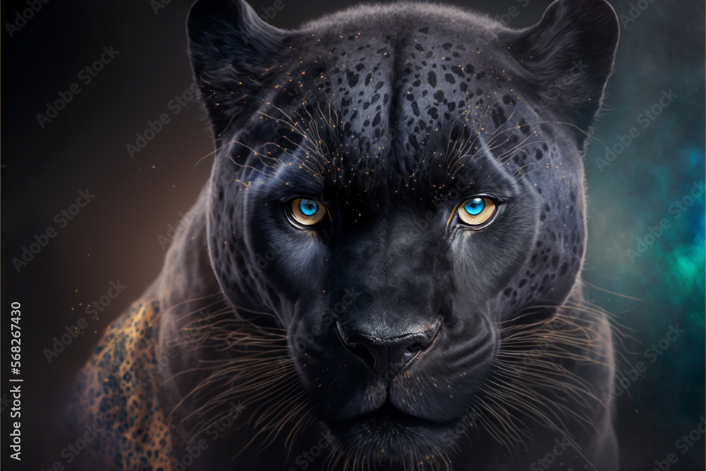 Black panther, beautiful with staring at camera, lights and smoke around him, Generative Ai