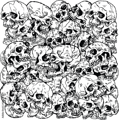 A pile of skulls human skulls with many shaped background tattoo hand drawing vectors art lines v.2