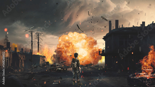 Εκτύπωση καμβά Back view of young boy in the ruined city and explosion on the background