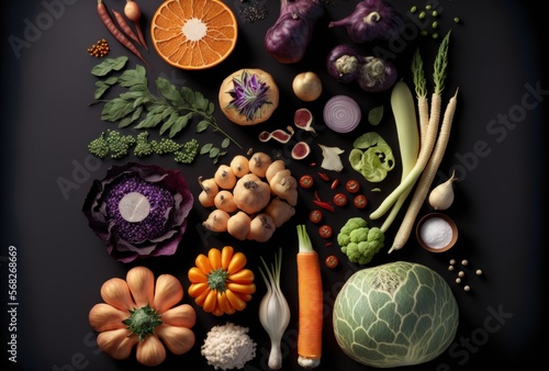 Healthy Foods  Knolling Illustration  vegetables  fruits  generative by AI