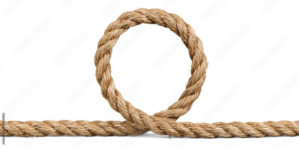 Tied square knot, linen rope in the shape of a round Tied square knot, linen rope in the shape of a round