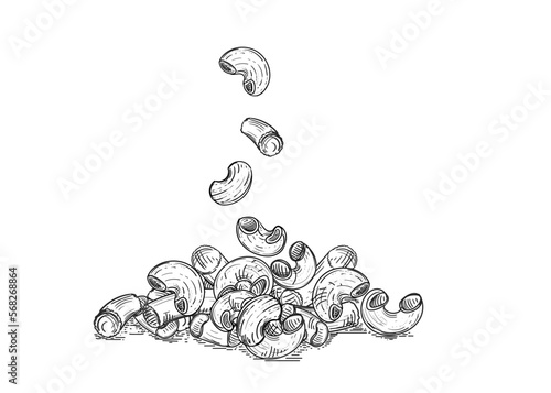 Hand drawn sketch black and white of pasta heap, spaghetti. Vector illustration. Elements in graphic style label, sticker, menu, package. Engraved style illustration.