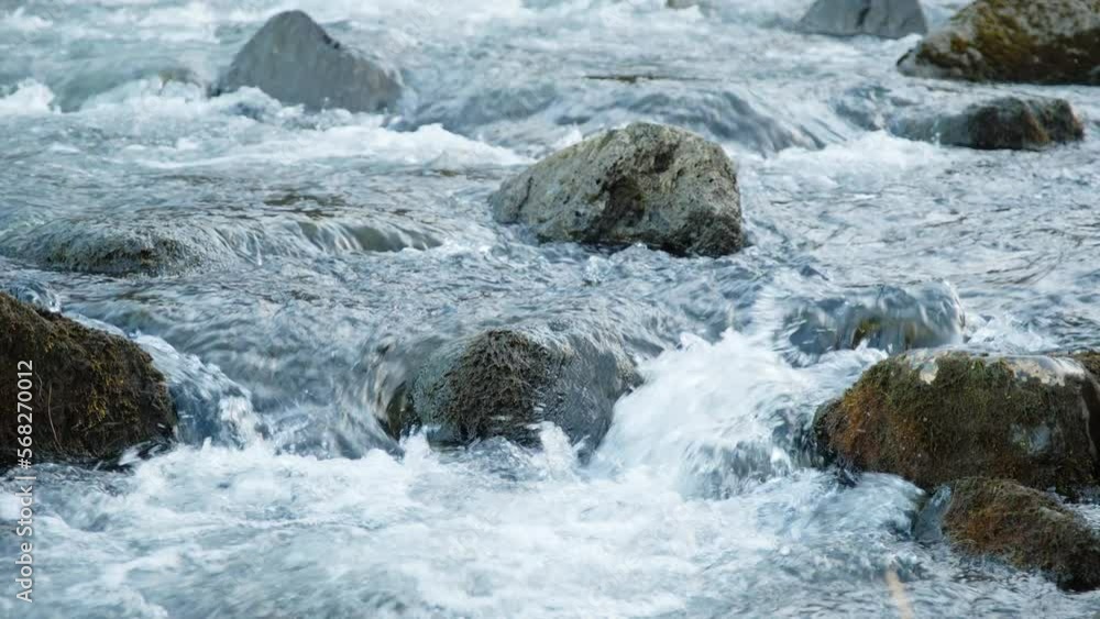 Pure Water Stream Running Through Stone Boulders, Mountain River Water Splashing Pure Water Stream Running Through Stone Boulders, Mountain River Water Splashing