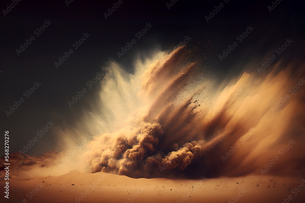 Dust cloud on desert, dark background