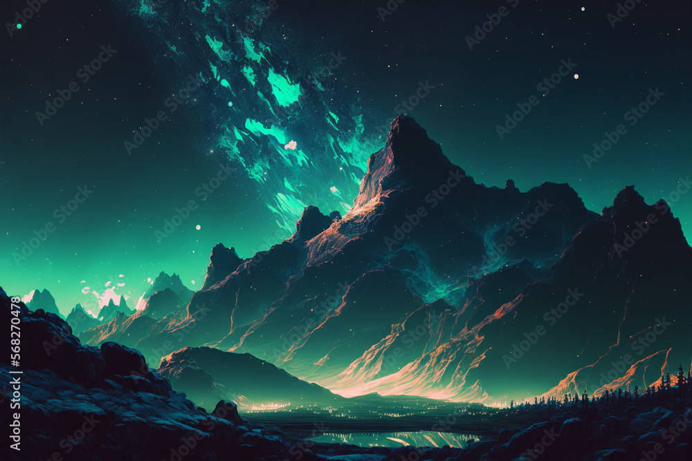 Mountain valley landscape with night sky aurora