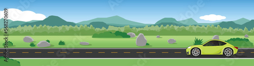 Cartoon transport travel for banner. Sport car with driving for travel.  Asphalt road near the green grass and mountain under clear sky for winter travel. Copy Space Flat Vector.